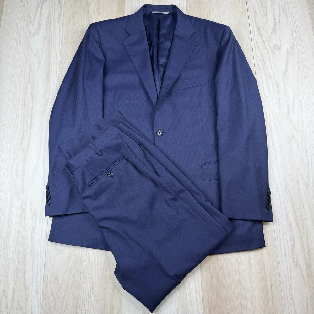 CANALI Modello 13290/37 Blue 2 Button Suit 100% Wool Made In Italy Size 42R W34